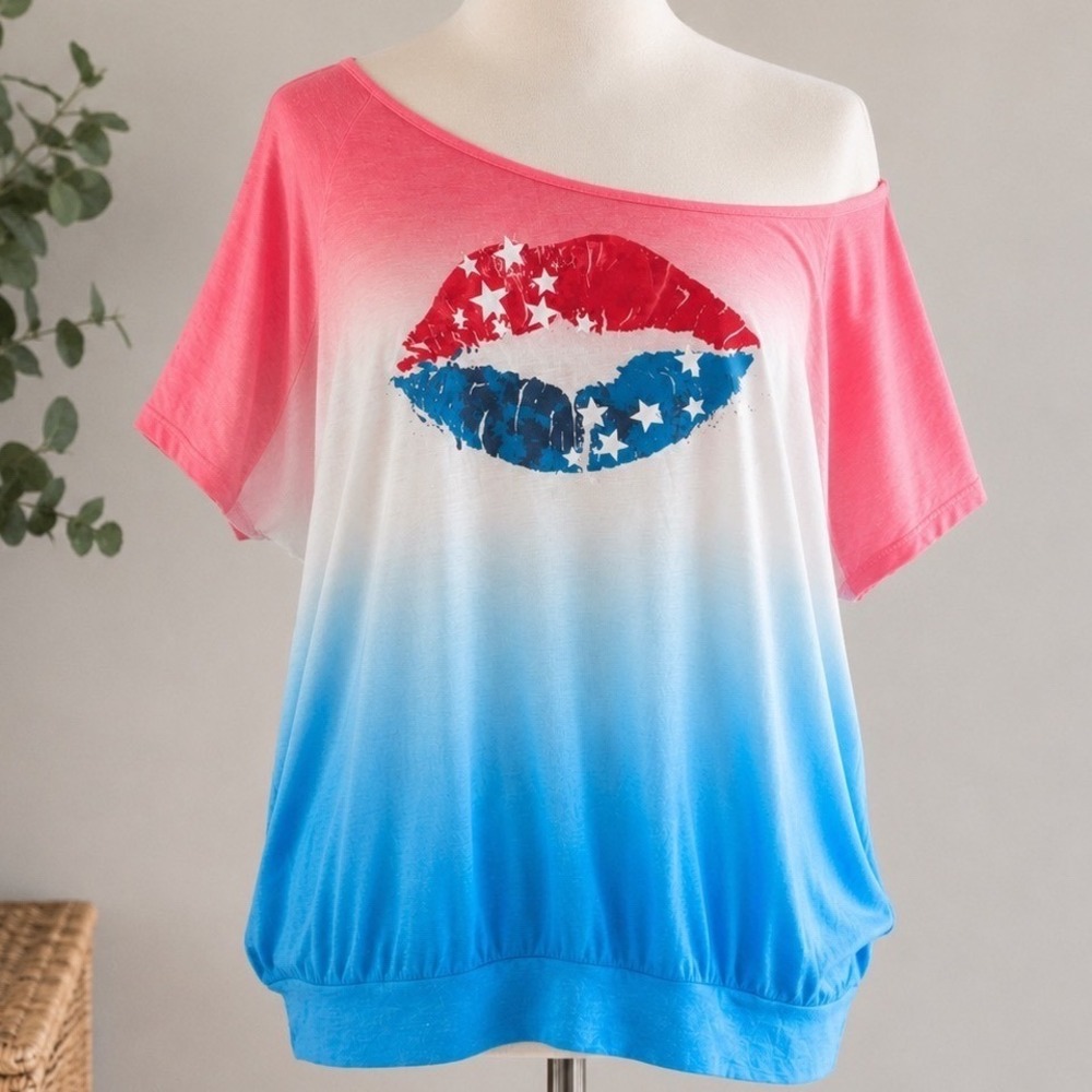Torrid Womens Plus 2 Red White Blue Ombre Americana Stars Lips Graphic Tee Shirt